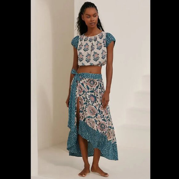 New 2-PIECE SET: Celandine Wrap Midi Skirt AND Short-Sleeve Tie-Back Crop Top - Picture 2 of 6